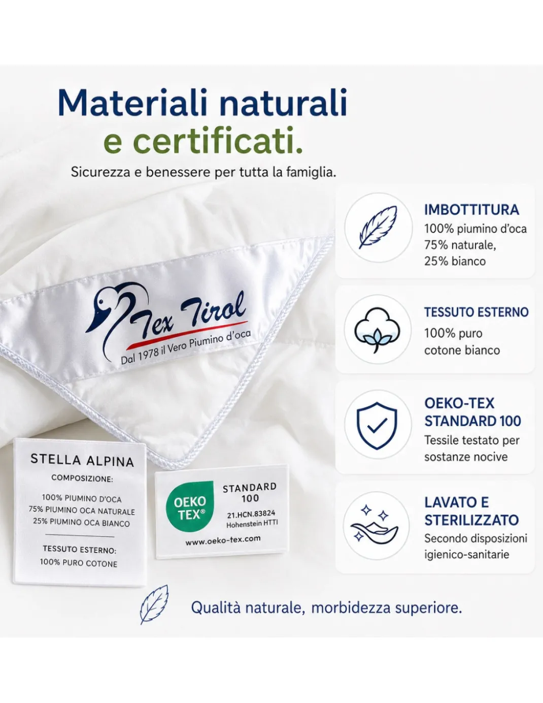 Piumino d’Oca Tex Tirol Stella Alpina Medium 200 GSM, 100% Piumino Extra Fine, Cotone 100%, 3*** Medium
