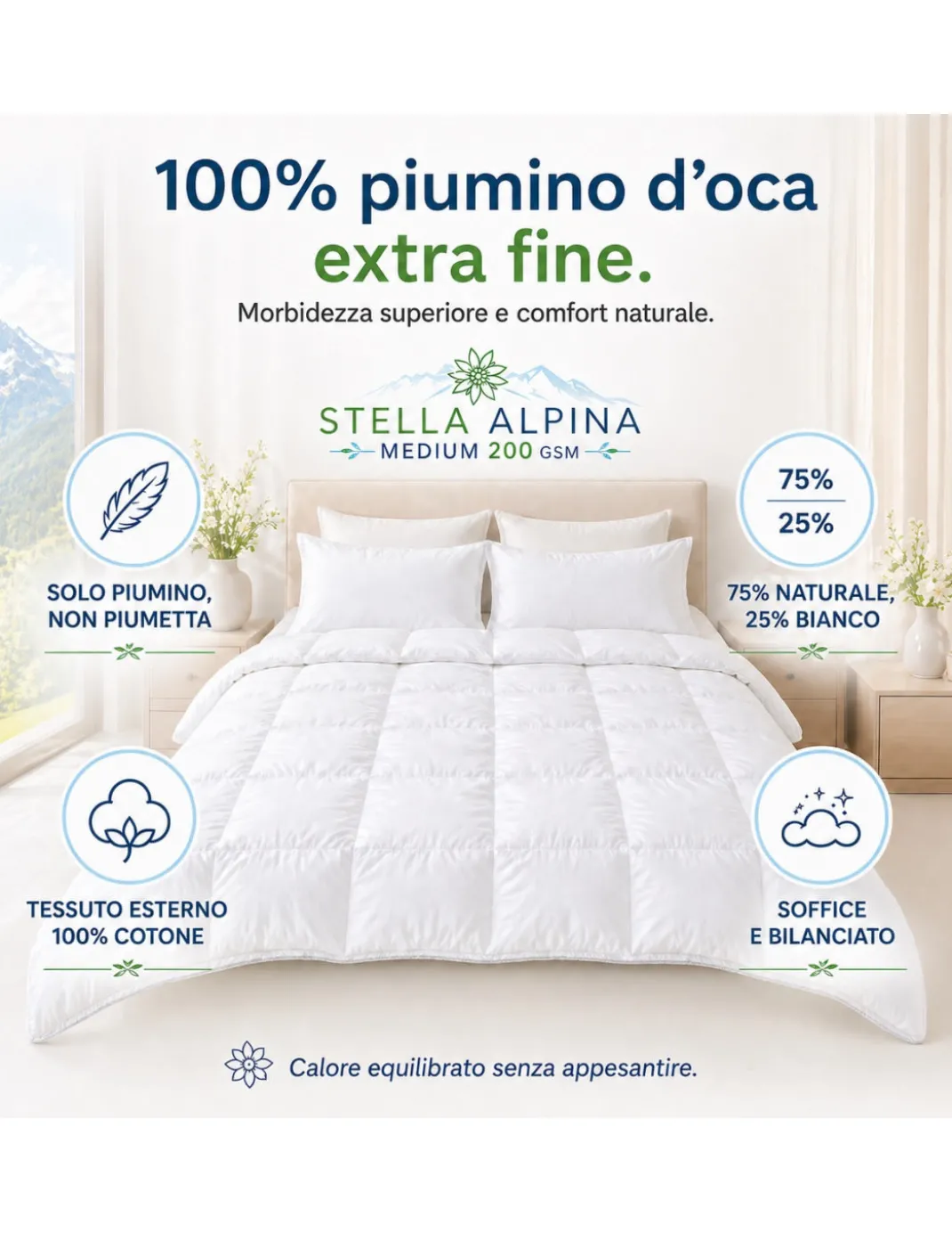 Piumino d’Oca Tex Tirol Stella Alpina Medium 200 GSM, 100% Piumino Extra Fine, Cotone 100%, 3*** Medium