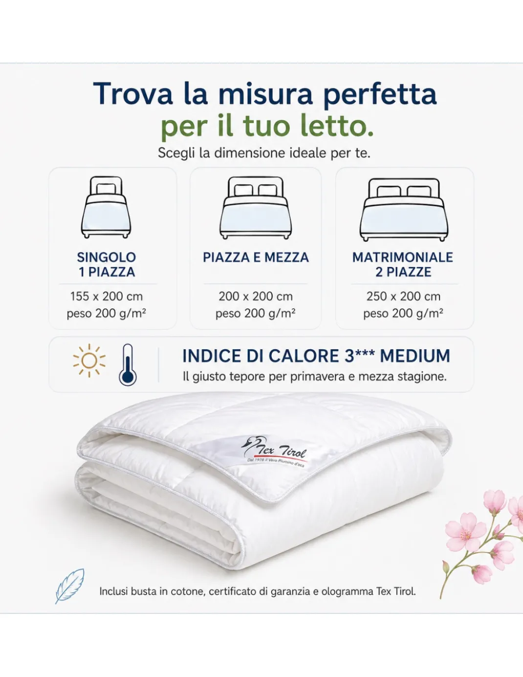 Piumino d’Oca Tex Tirol Stella Alpina Medium 200 GSM, 100% Piumino Extra Fine, Cotone 100%, 3*** Medium
