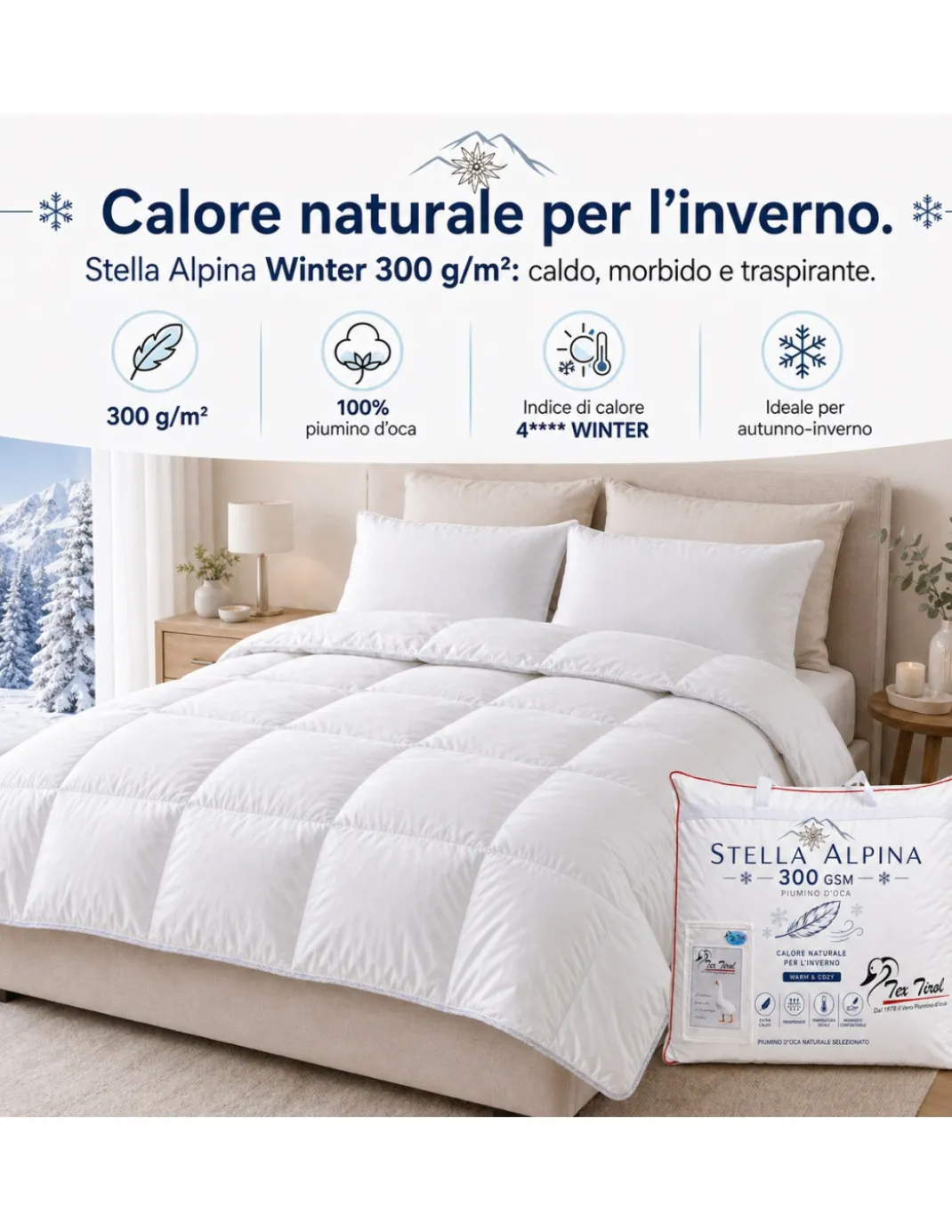 Piumino d’Oca Tex Tirol Stella Alpina Winter 300 GSM, 100% Piumino Extra Fine, Cotone 100%, 4**** Winter