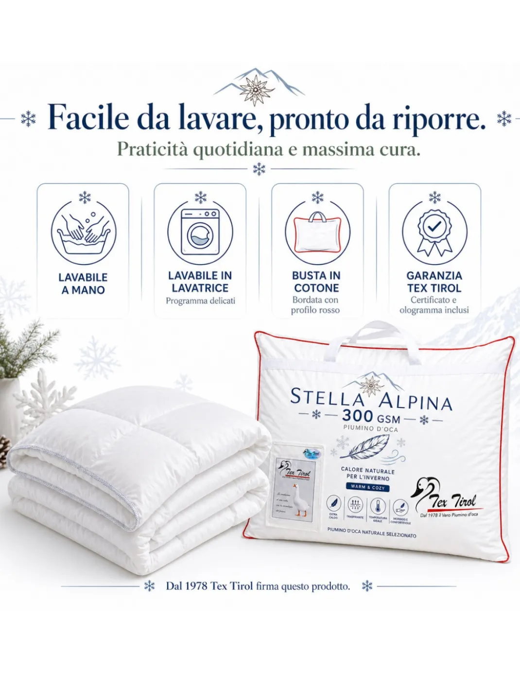 Piumino d’Oca Tex Tirol Stella Alpina Winter 300 GSM, 100% Piumino Extra Fine, Cotone 100%, 4**** Winter