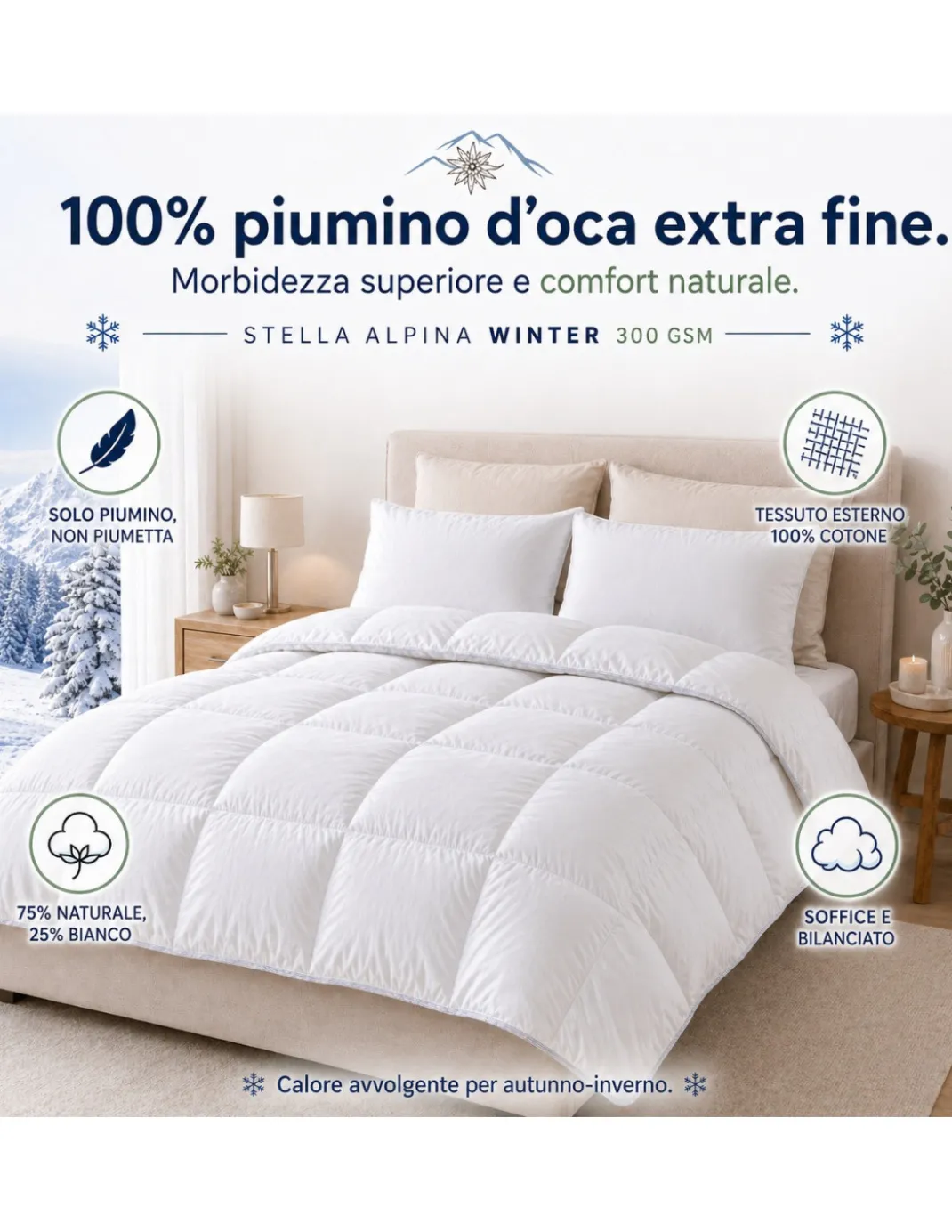 Piumino d’Oca Tex Tirol Stella Alpina Winter 300 GSM, 100% Piumino Extra Fine, Cotone 100%, 4**** Winter