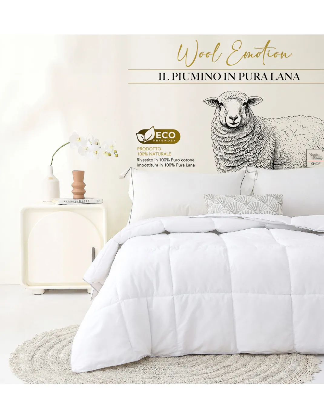 Piumino Invernale in pura Lana 100% Naturale, Wool Emotion, Rivestimento in Cotone Bianco Morbido, Profilo Argentato, 500gsm