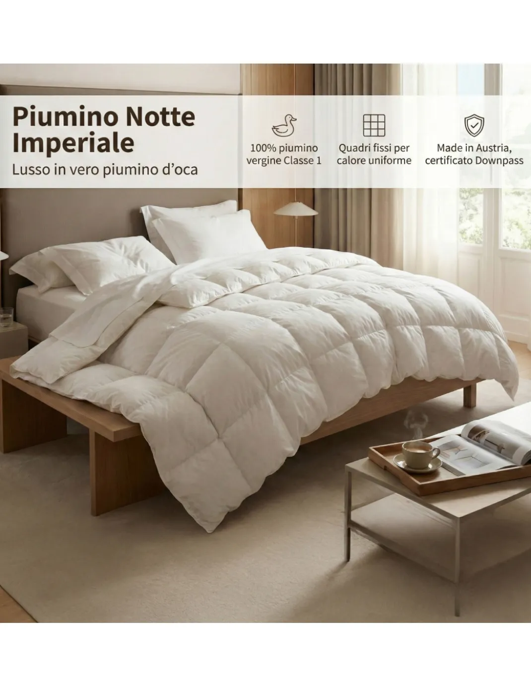 Piumino Notte Imperiale - 100% Piumino d'Oca Vergine Classe 1, Quadri Fissi, Batista 70, DOWNPASS, Made in Austria