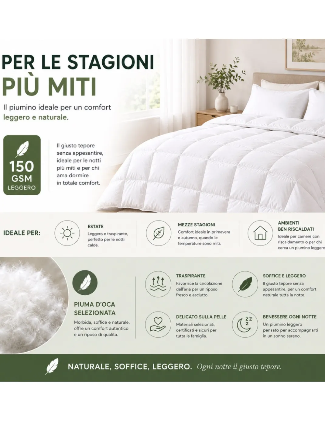 Piumino Oca Estivo Bicolore Stream Light 150 GSM, 80% Piuma, Leggero Double Face