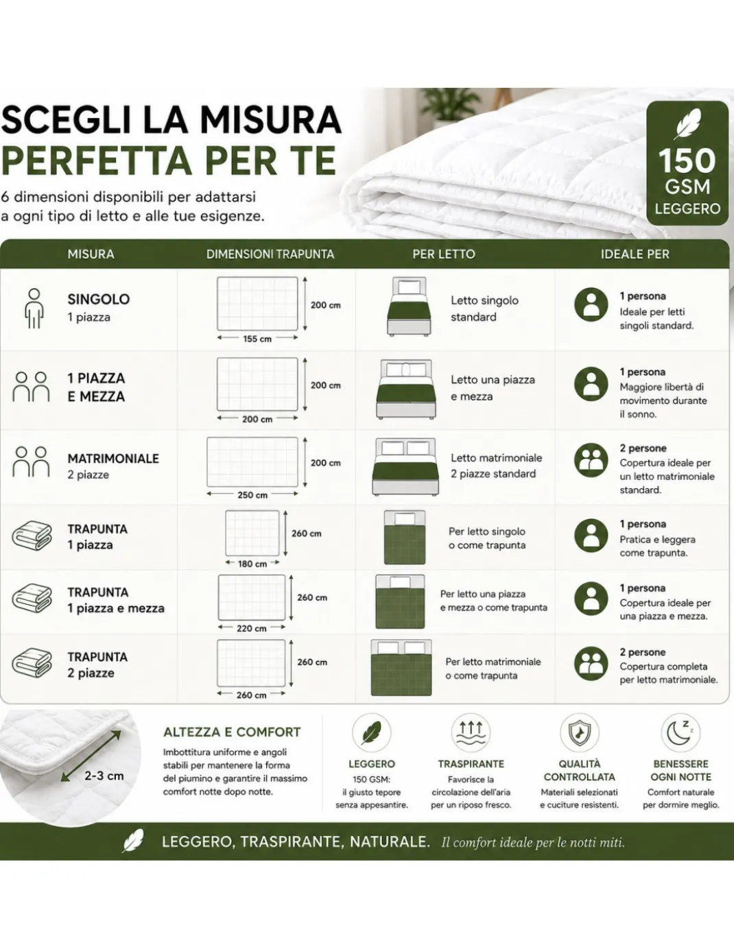 Piumino Oca Estivo Bicolore Stream Light 150 GSM, 80% Piuma, Leggero Double Face