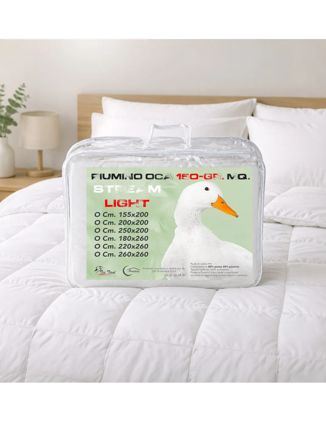 Piumino Oca Estivo Stream Light 150 GSM, 80% Piuma 20% Piumino, Bianco, Matrimoniale 250x200