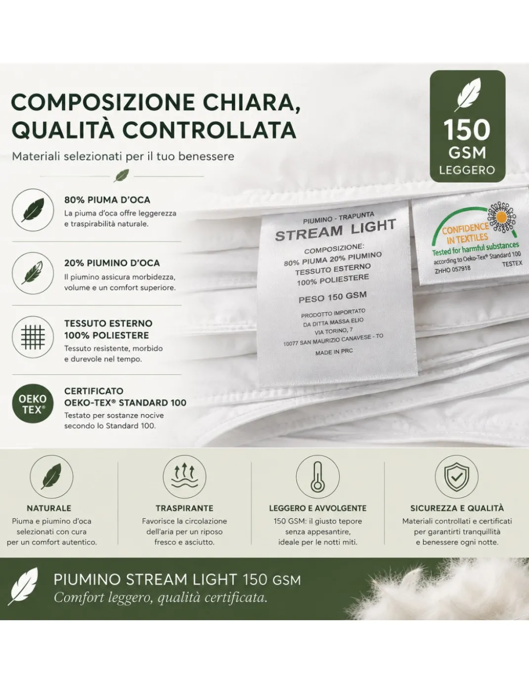 Piumino Oca Estivo Stream Light 150 GSM, 80% Piuma 20% Piumino, Bianco, Matrimoniale 250x200