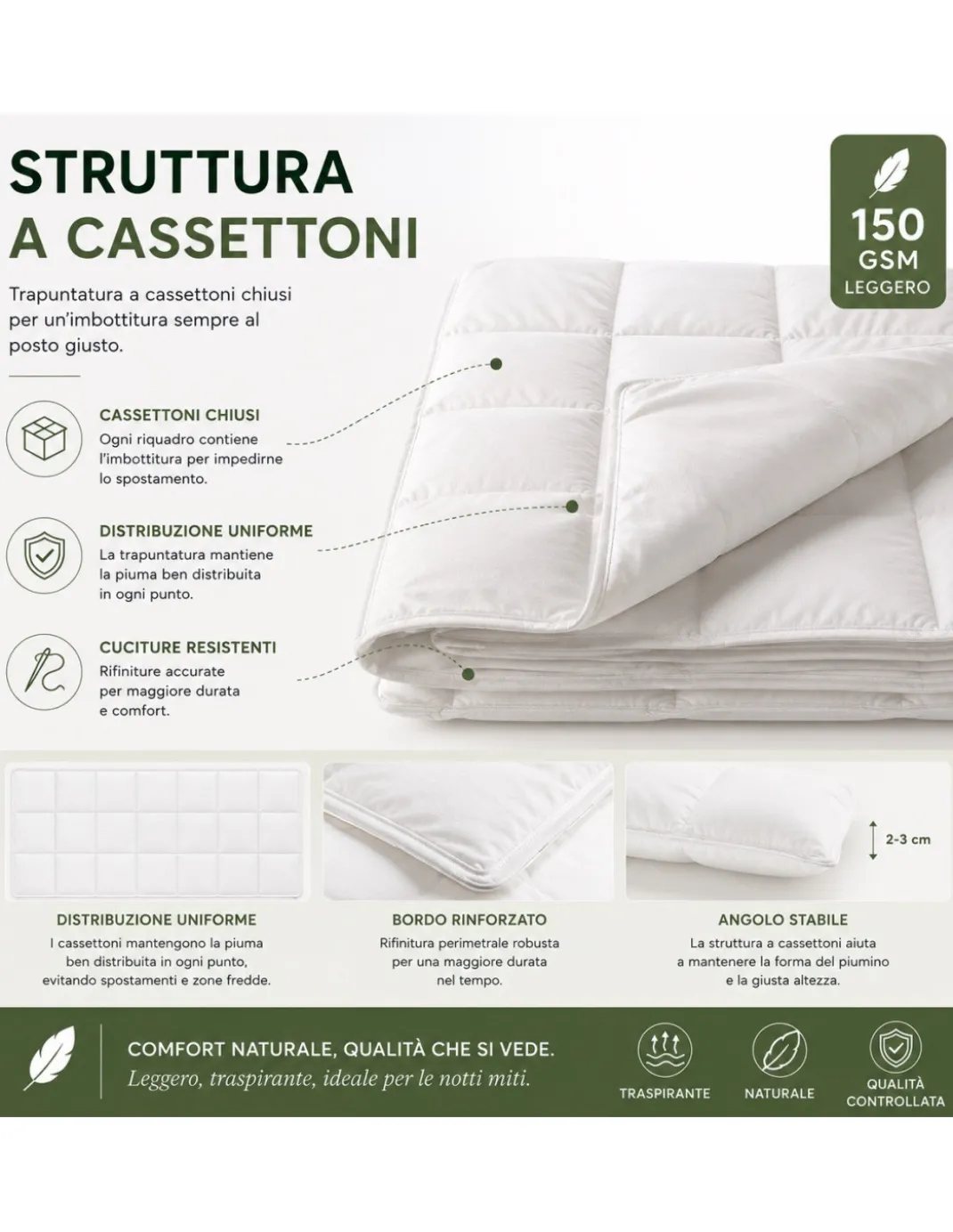 Piumino Oca Estivo Stream Light 150 GSM, 80% Piuma 20% Piumino, Bianco, Matrimoniale 250x200