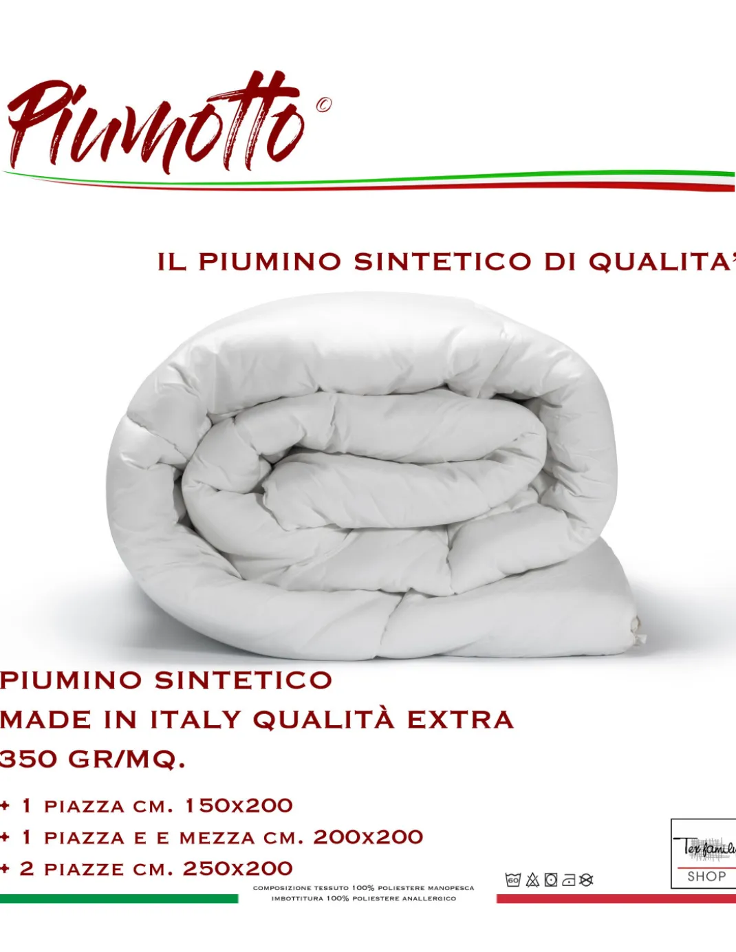 PIUMINO SINTETICO PIUMOTTO INVERNALE MADE IN ITALY QUALITÀ EXTRA 350 GR/MQ.