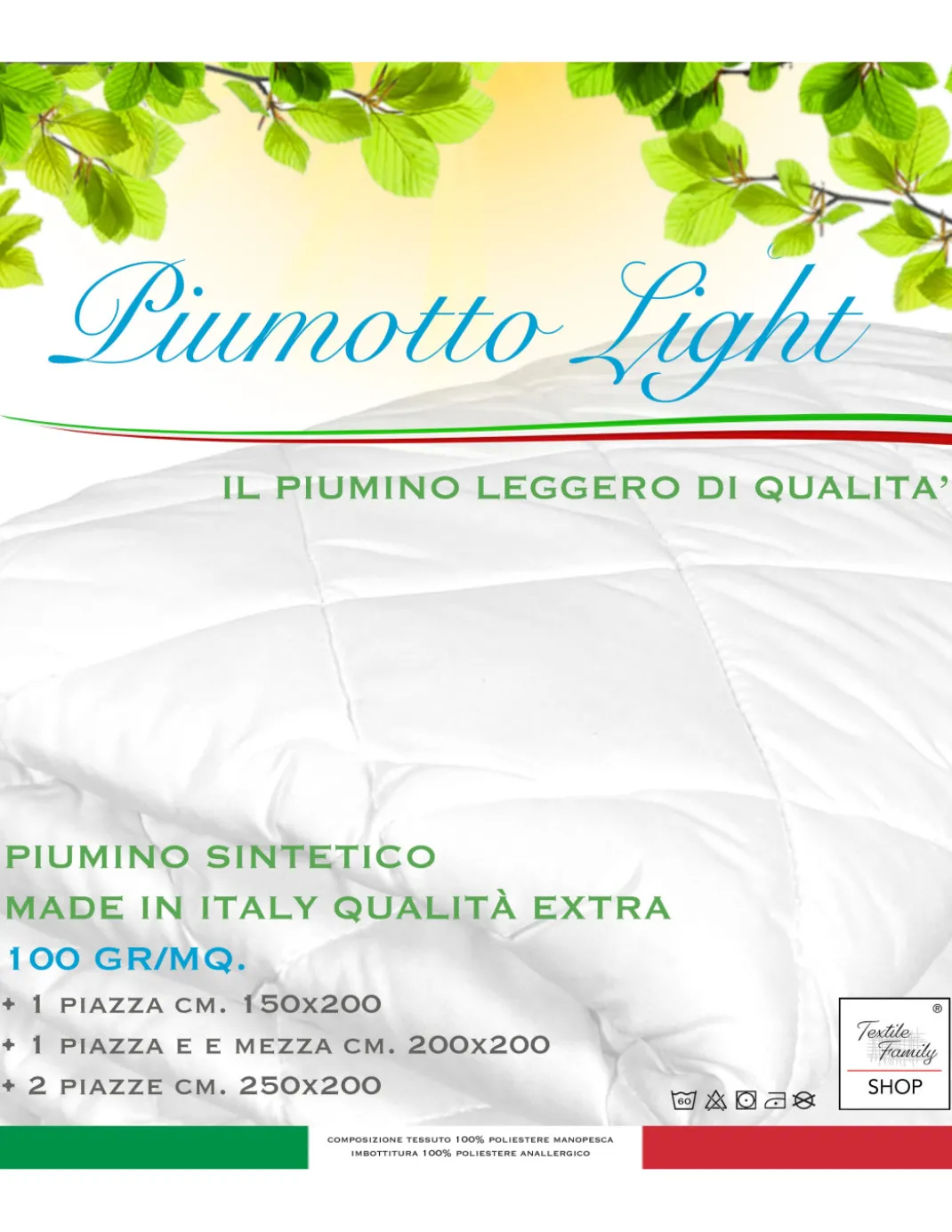 PIUMINO Sintetico PRIMAVERILE ESTIVO Anallergico 100 gr./mq. PIUMOTTO LIGHT Leggero Qualità Extra Made in Italy