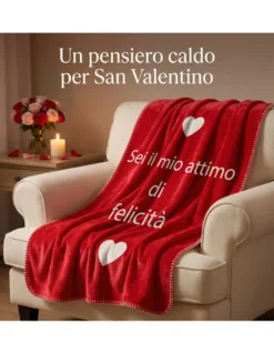 Plaid Caldo Felicità 130x160 cm - Flannel Pelliccia Rasata Rosso con Cuori, Idea Regalo San Valentino