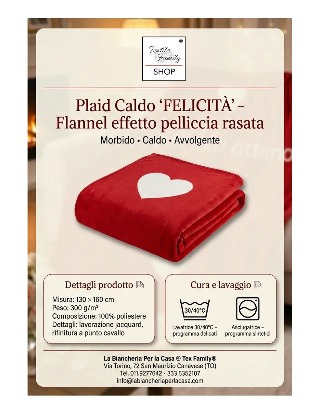 Plaid Caldo Felicità 130x160 cm - Flannel Pelliccia Rasata Rosso con Cuori, Idea Regalo San Valentino