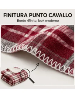 Plaid Coperta Scozzese Matrimoniale 210x230 Bianco Bordeaux con Sherpa, 100% Poliestere, Copriletto Divano