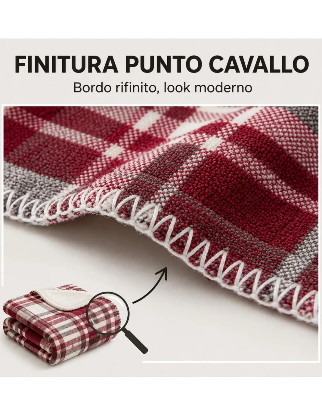 Plaid Coperta Scozzese Matrimoniale 210x230 Bianco Bordeaux con Sherpa, 100% Poliestere, Copriletto Divano
