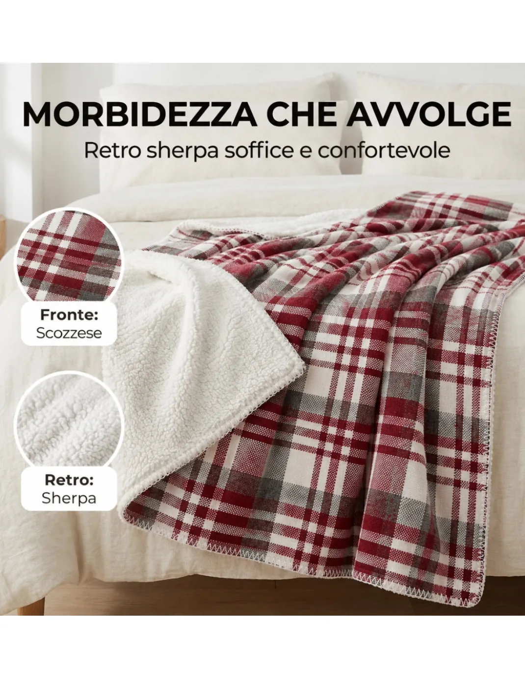 Plaid Coperta Scozzese Matrimoniale 210x230 Bianco Bordeaux con Sherpa, 100% Poliestere, Copriletto Divano