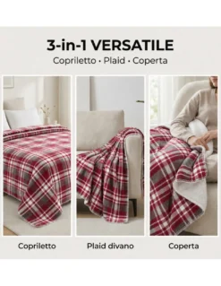 Plaid Coperta Scozzese Matrimoniale 210x230 Bianco Bordeaux con Sherpa, 100% Poliestere, Copriletto Divano