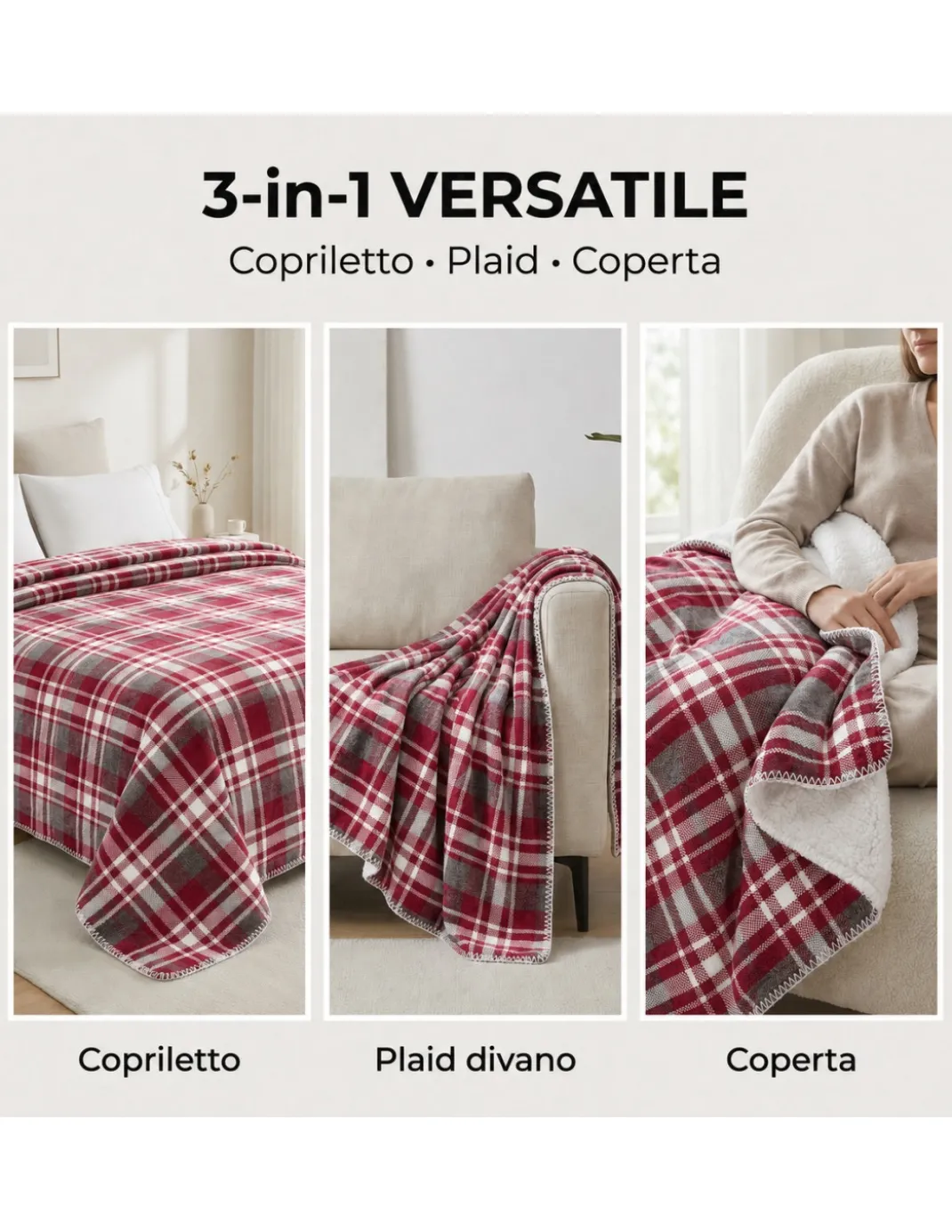 Plaid Coperta Scozzese Matrimoniale 210x230 Bianco Bordeaux con Sherpa, 100% Poliestere, Copriletto Divano
