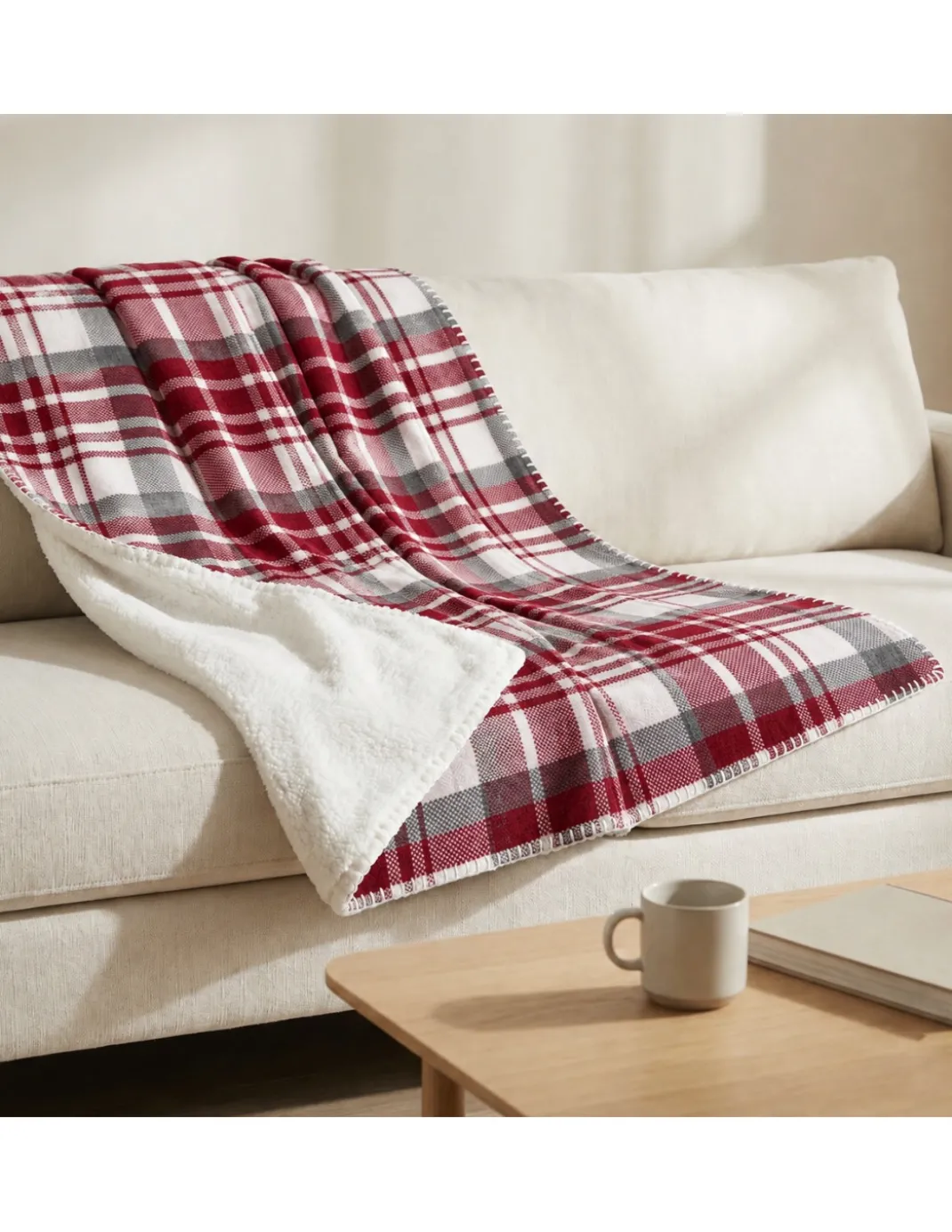 Plaid Coperta Scozzese Matrimoniale 210x230 Bianco Bordeaux con Sherpa, 100% Poliestere, Copriletto Divano