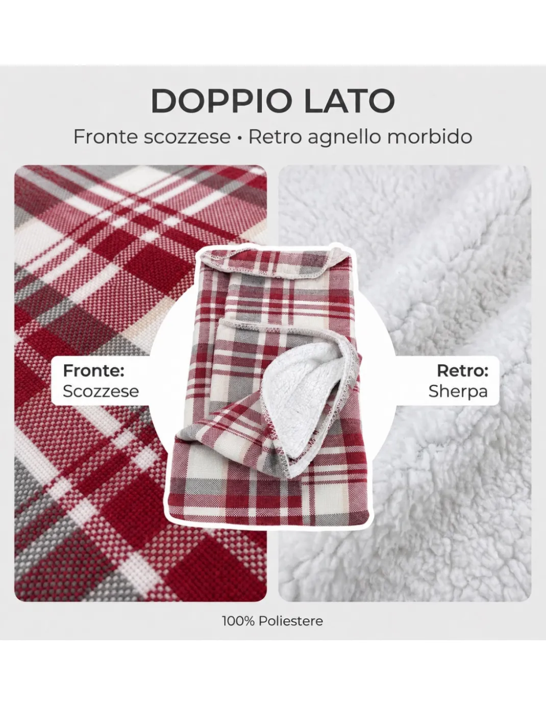 Plaid Coperta Scozzese Matrimoniale 210x230 Bianco Bordeaux con Sherpa, 100% Poliestere, Copriletto Divano