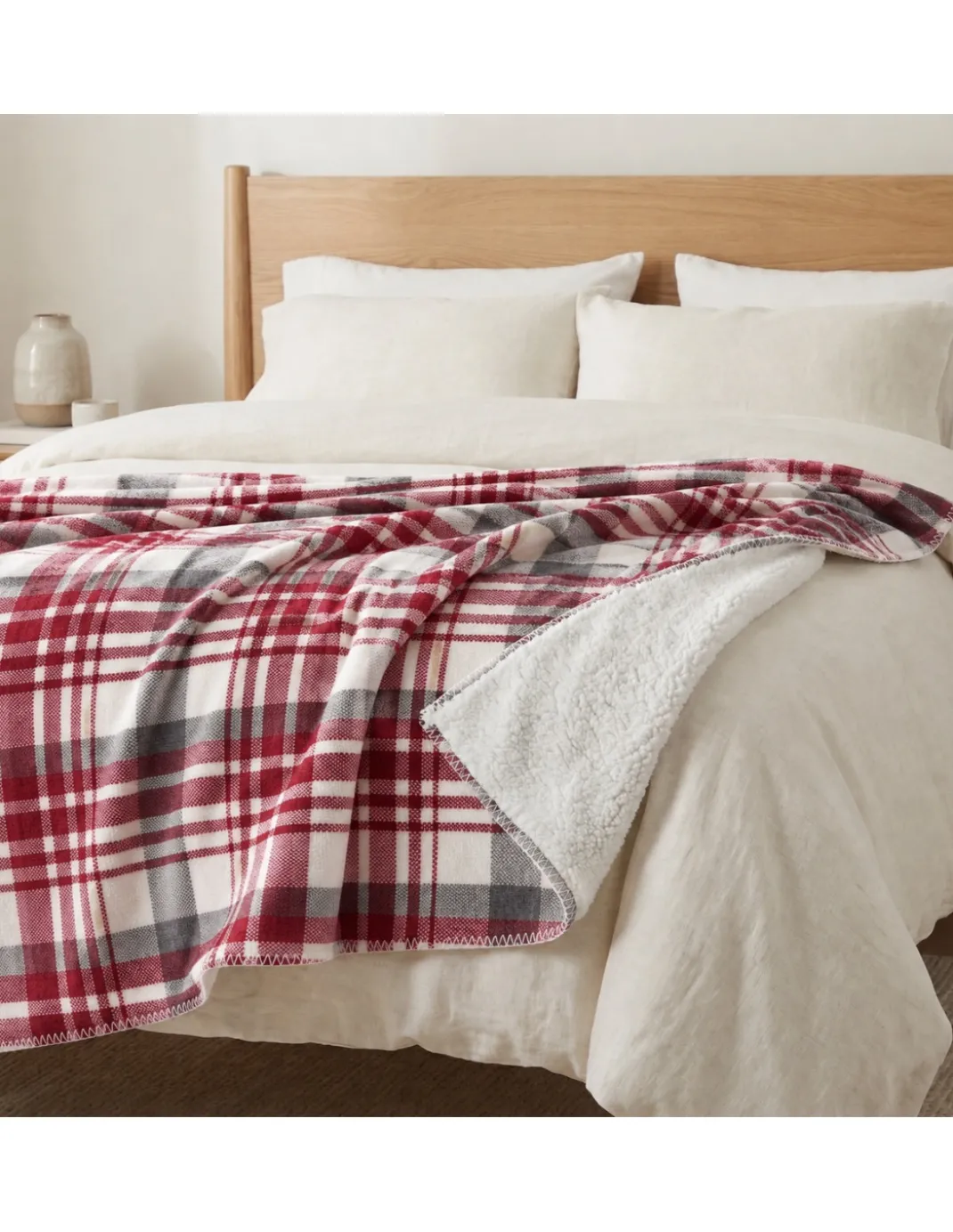 Plaid Coperta Scozzese Matrimoniale 210x230 Bianco Bordeaux con Sherpa, 100% Poliestere, Copriletto Divano