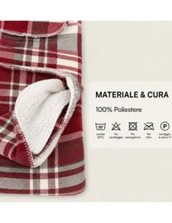 Plaid Coperta Scozzese Matrimoniale 210x230 Bianco Bordeaux con Sherpa, 100% Poliestere, Copriletto Divano