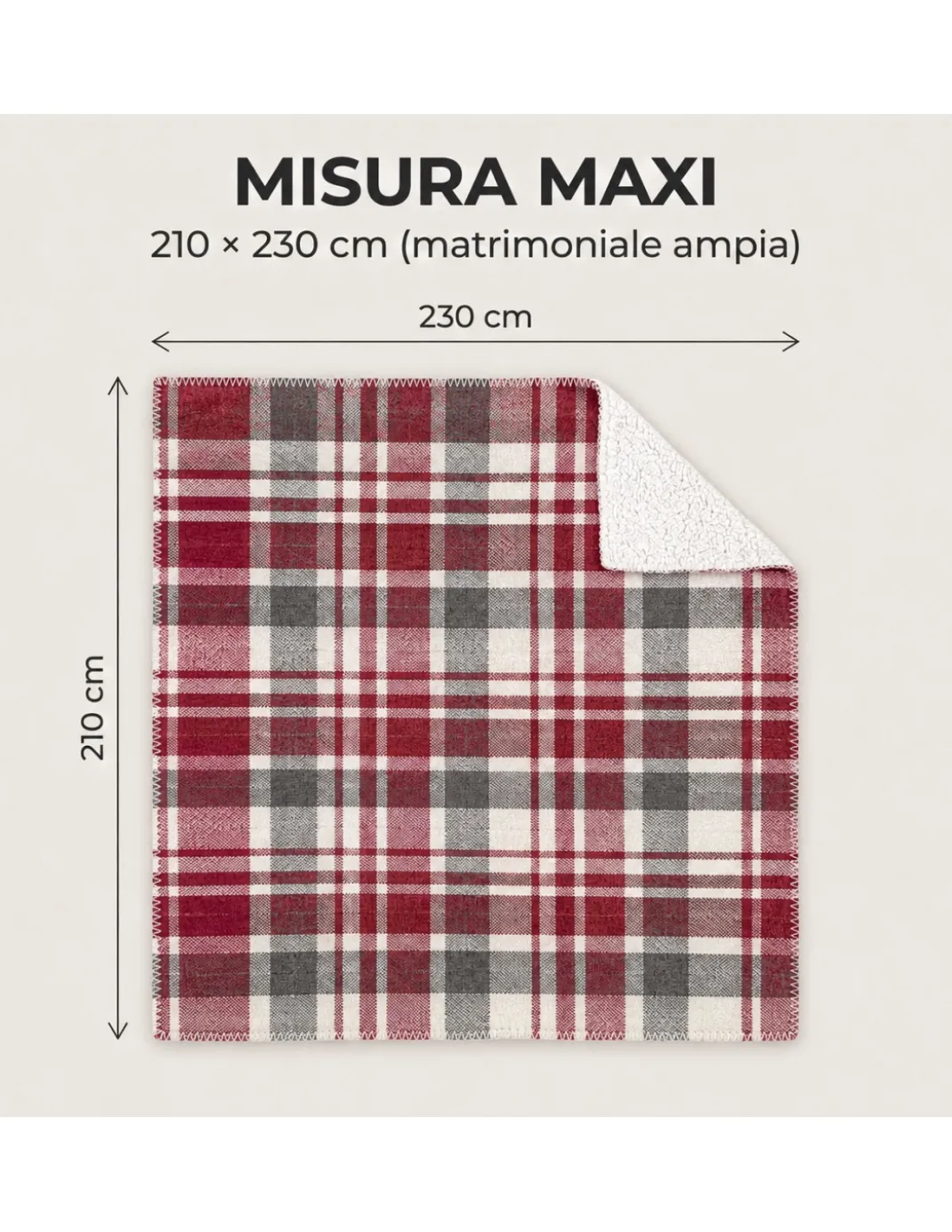 Plaid Coperta Scozzese Matrimoniale 210x230 Bianco Bordeaux con Sherpa, 100% Poliestere, Copriletto Divano