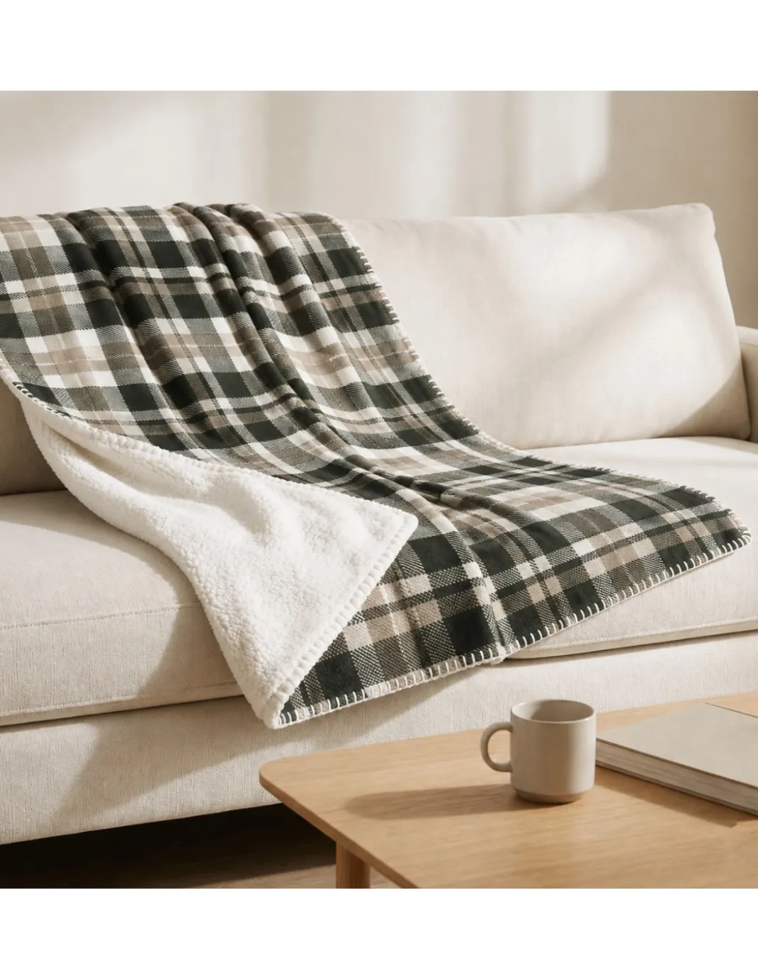 Plaid Coperta Scozzese Matrimoniale 210x230 Grigio Tortora con Sherpa, 100% Poliestere, Copriletto Divano