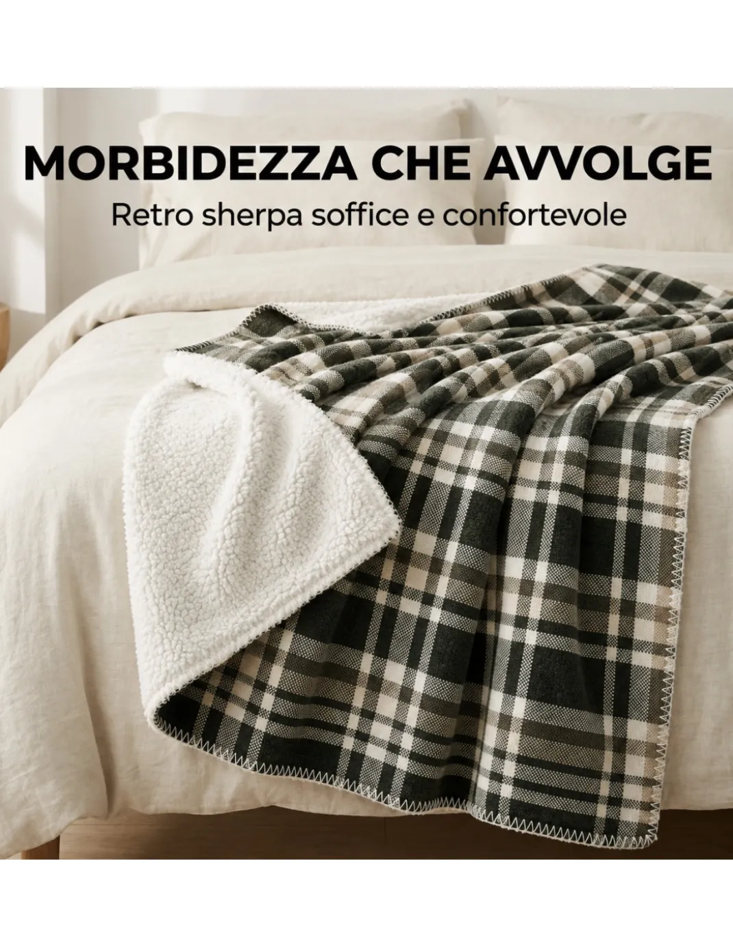 Plaid Coperta Scozzese Matrimoniale 210x230 Grigio Tortora con Sherpa, 100% Poliestere, Copriletto Divano