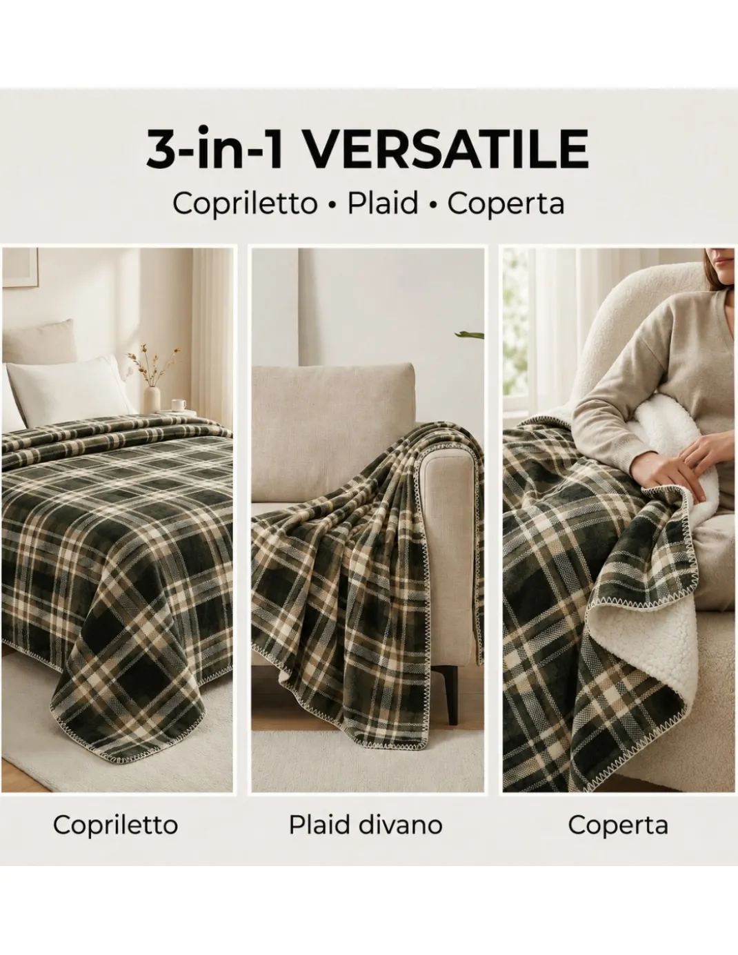 Plaid Coperta Scozzese Matrimoniale 210x230 Grigio Tortora con Sherpa, 100% Poliestere, Copriletto Divano
