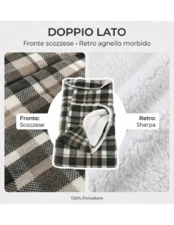 Plaid Coperta Scozzese Matrimoniale 210x230 Grigio Tortora con Sherpa, 100% Poliestere, Copriletto Divano
