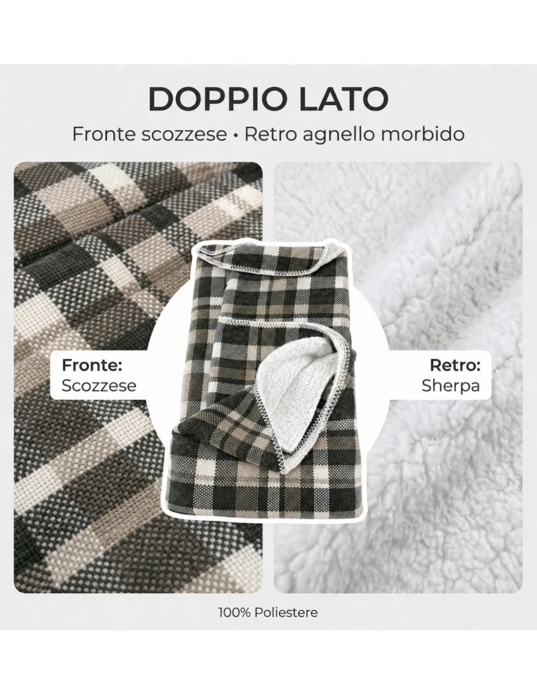 Plaid Coperta Scozzese Matrimoniale 210x230 Grigio Tortora con Sherpa, 100% Poliestere, Copriletto Divano