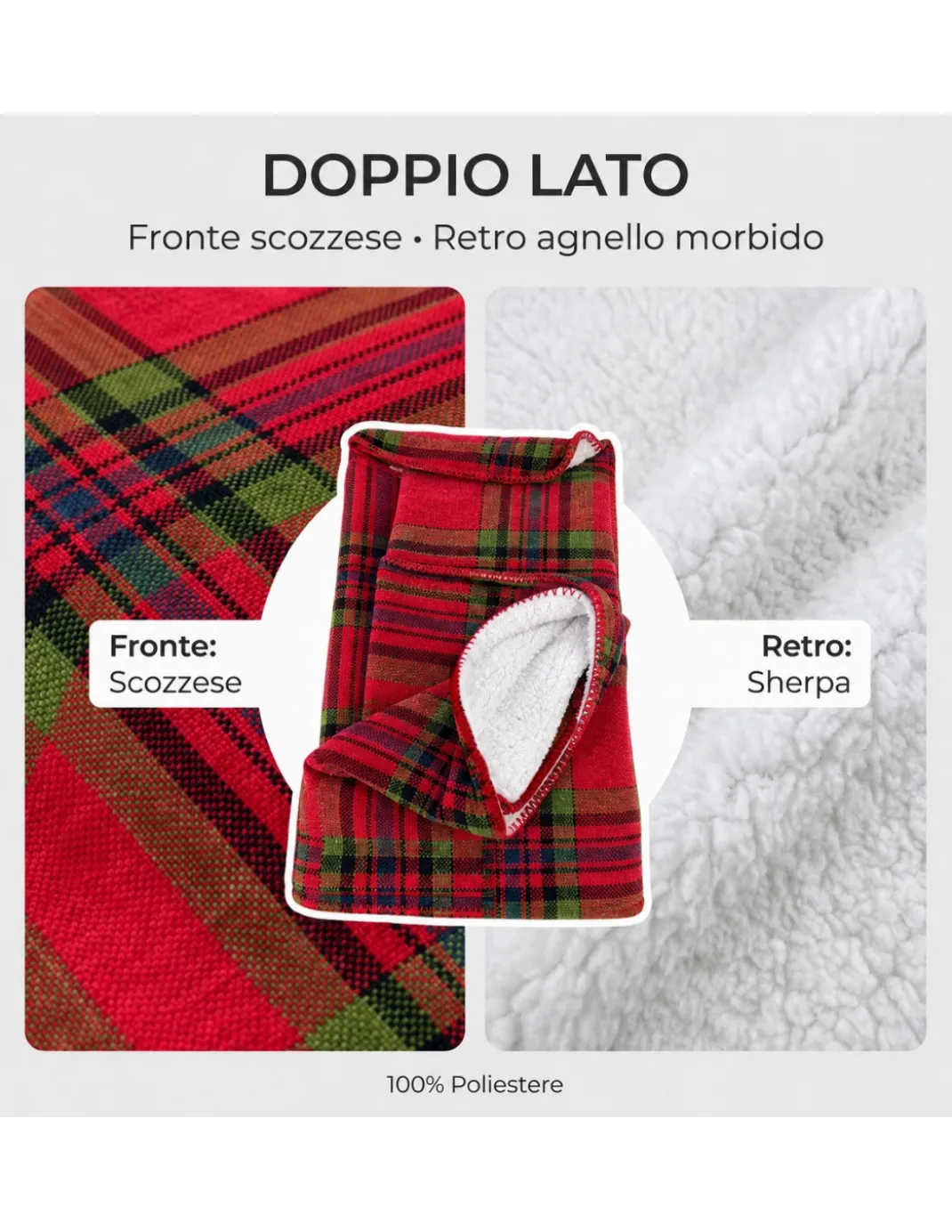 Plaid Coperta Scozzese Matrimoniale 210x230 Rosso con Sherpa, 100% Poliestere, Copriletto Divano