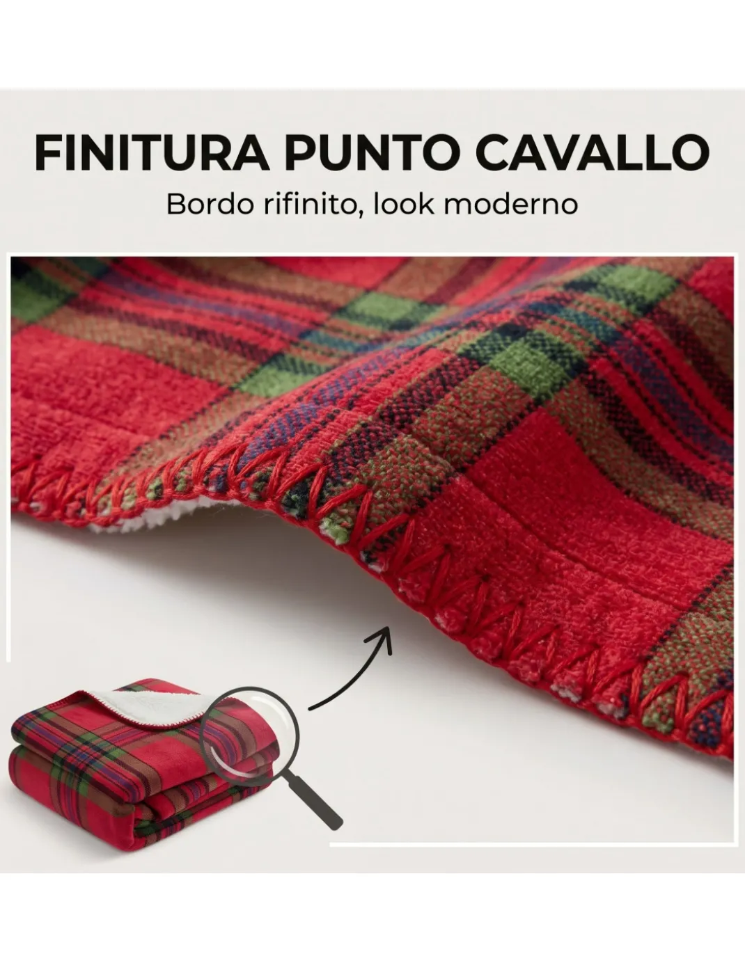 Plaid Coperta Scozzese Matrimoniale 210x230 Rosso con Sherpa, 100% Poliestere, Copriletto Divano