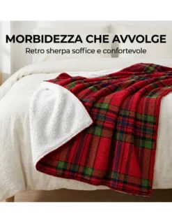 Plaid Coperta Scozzese Matrimoniale 210x230 Rosso con Sherpa, 100% Poliestere, Copriletto Divano