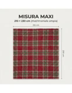 Plaid Coperta Scozzese Matrimoniale 210x230 - Doppio Lato Sherpa Agnello - Rosso Verde Morbido