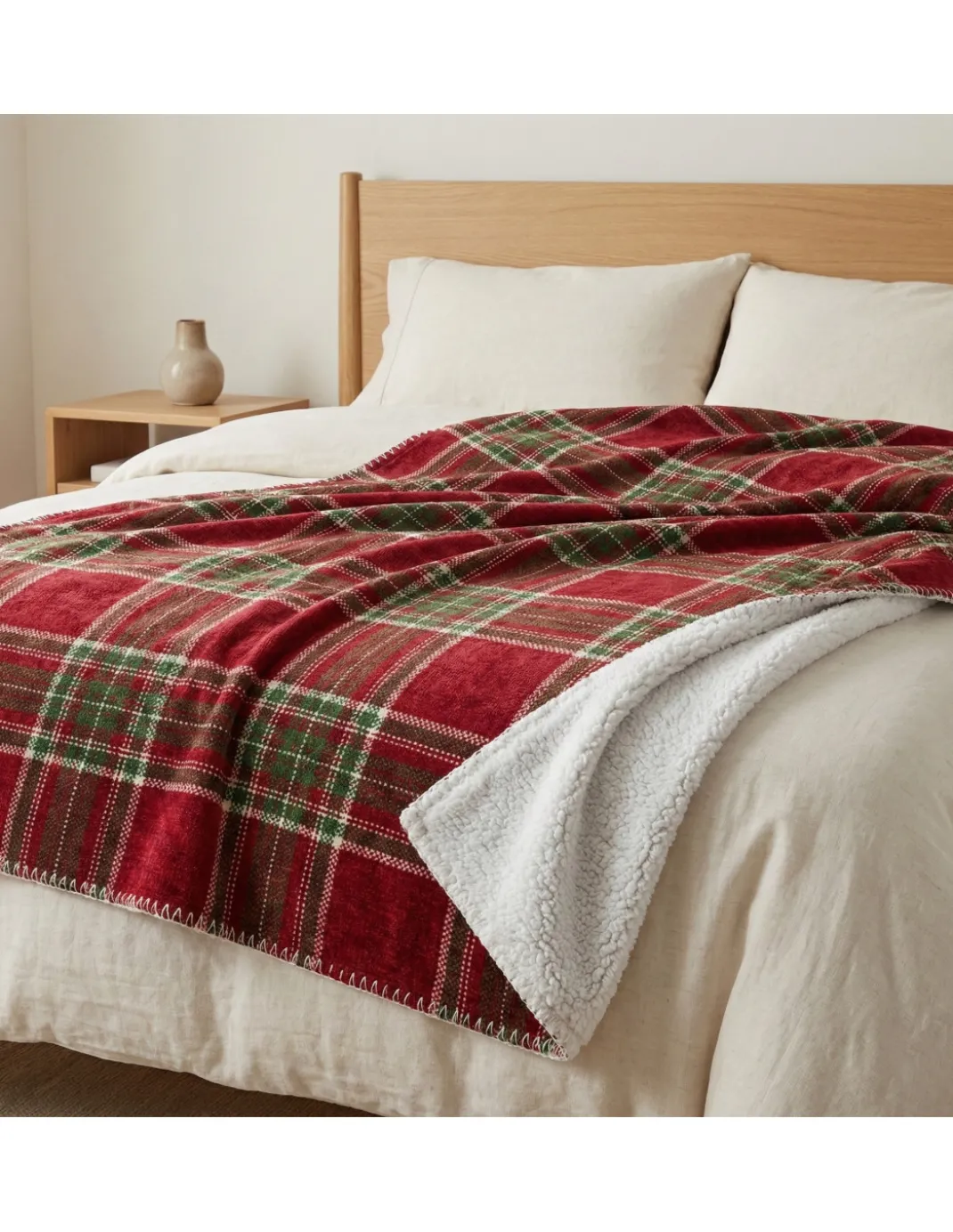 Plaid Coperta Scozzese Matrimoniale 210x230 - Doppio Lato Sherpa Agnello - Rosso Verde Morbido