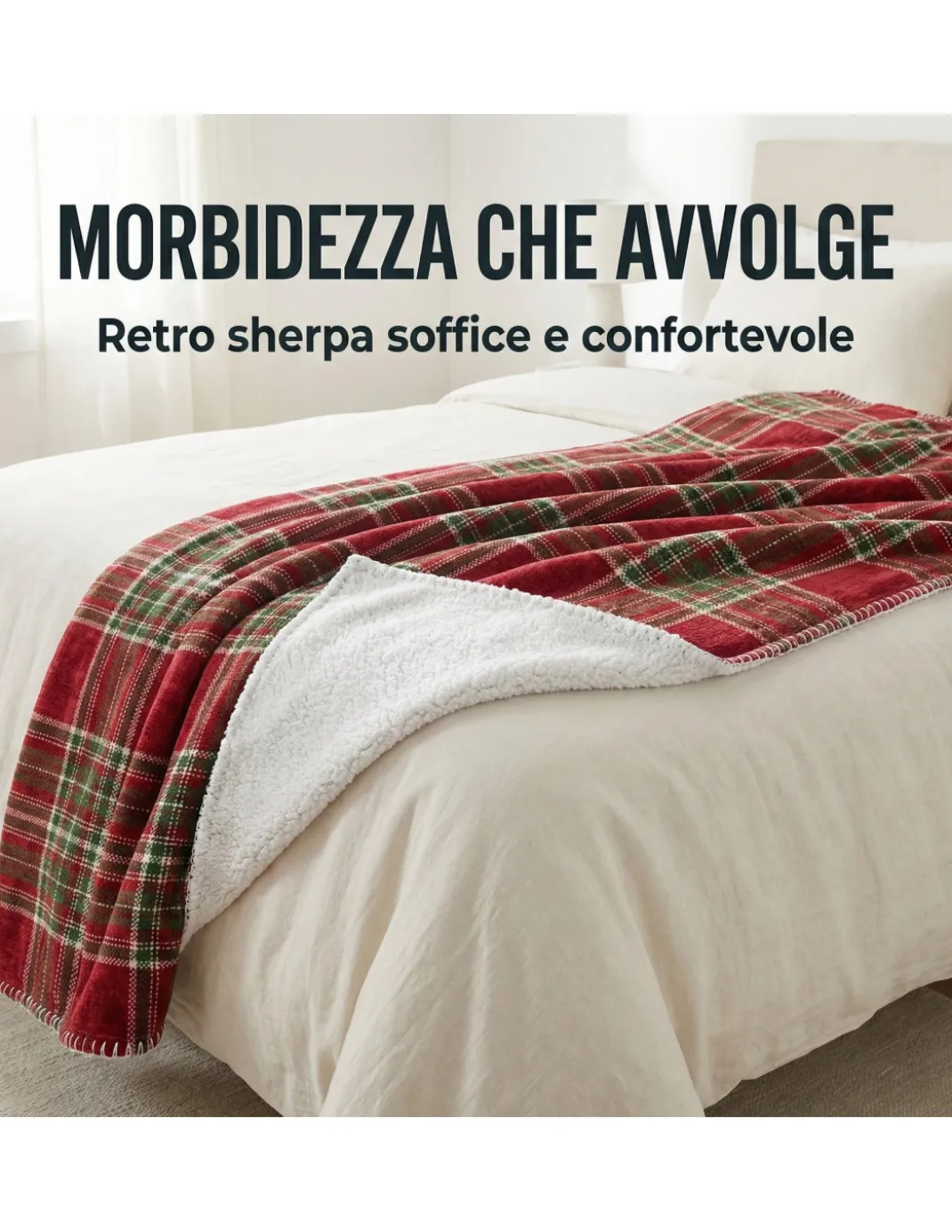 Plaid Coperta Scozzese Matrimoniale 210x230 - Doppio Lato Sherpa Agnello - Rosso Verde Morbido
