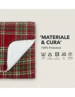Plaid Coperta Scozzese Matrimoniale 210x230 - Doppio Lato Sherpa Agnello - Rosso Verde Morbido