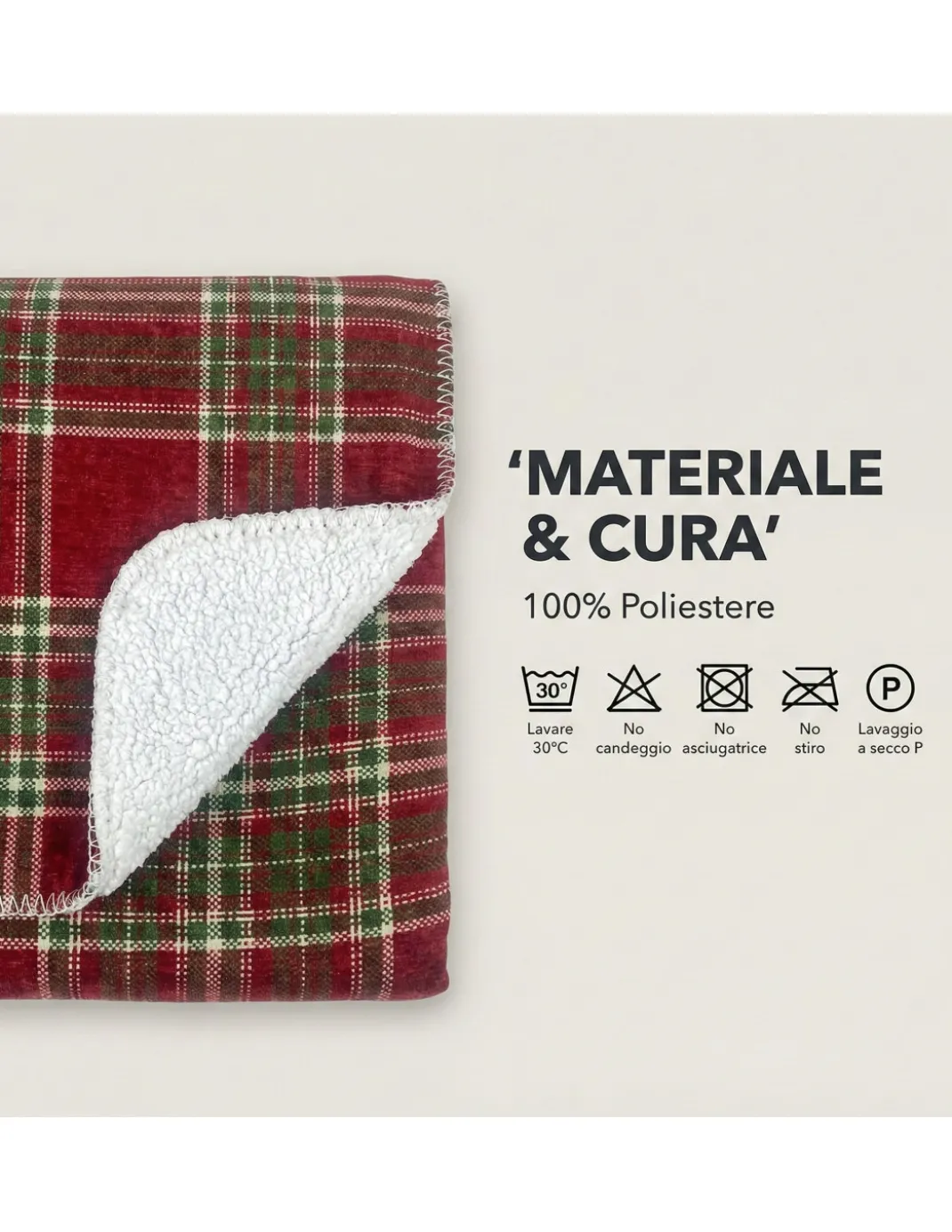 Plaid Coperta Scozzese Matrimoniale 210x230 - Doppio Lato Sherpa Agnello - Rosso Verde Morbido