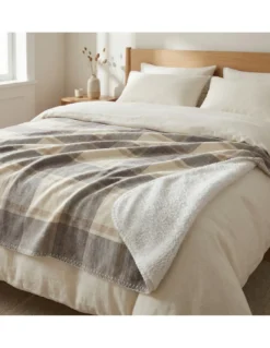 Plaid Coperta Scozzese Matrimoniale 210x230 - Doppio Lato Sherpa Agnello - Beige Tortora Morbido