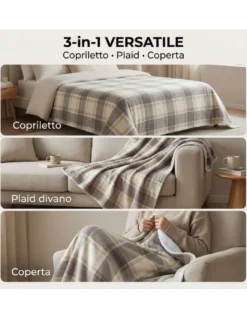 Plaid Coperta Scozzese Matrimoniale 210x230 - Doppio Lato Sherpa Agnello - Beige Tortora Morbido