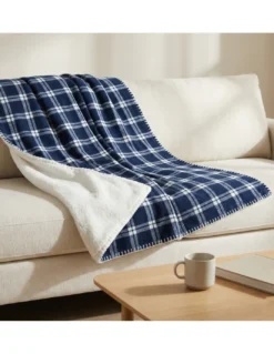 Plaid Coperta Scozzese Matrimoniale 210x230 - Doppio Lato Sherpa Agnello - Blu Bianco Morbido - Copriletto Plaid Divano