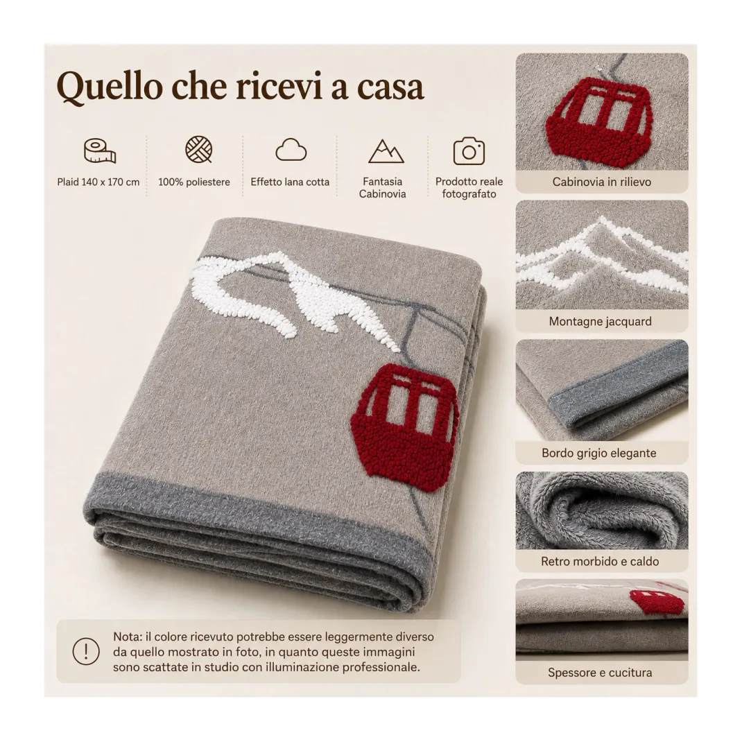 Plaid Effetto Lana Cotta Jacquard 140x170 cm Cabinovia Montagna, 100% Poliestere