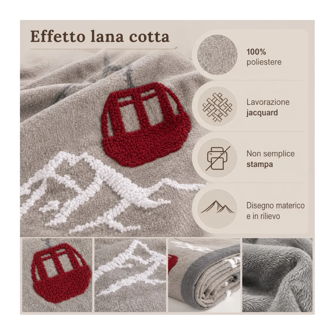Plaid Effetto Lana Cotta Jacquard 140x170 cm Cabinovia Montagna, 100% Poliestere