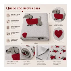 Plaid Effetto Lana Cotta Jacquard 140x170 cm Bassotti e Cuori, 100% Poliestere