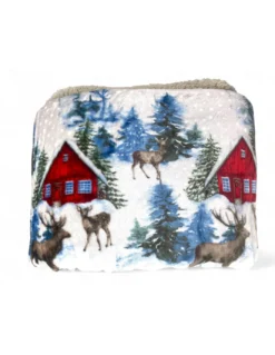Plaid Sherpa Baita Alpina - Coperta Invernale Morbida Pile con Retro Agnellato - Cervi e Baite Innevate