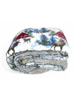 Plaid Sherpa Baita Alpina - Coperta Invernale Morbida Pile con Retro Agnellato - Cervi e Baite Innevate