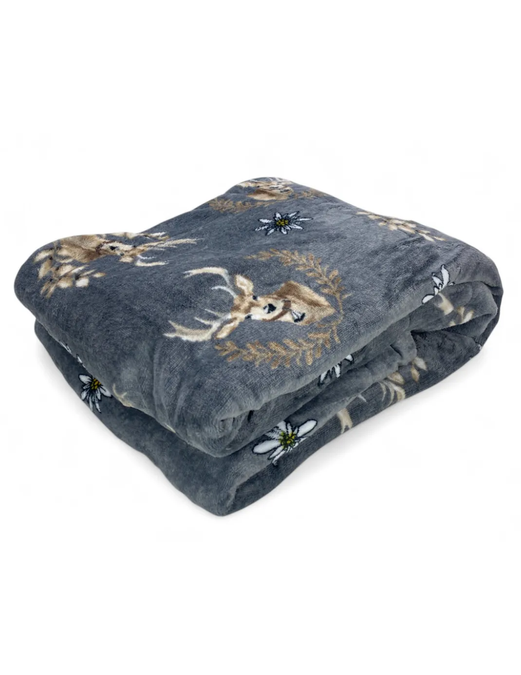 Plaid Sherpa Cervi Grigio – Coperta in Pile Morbido con Retro Agnellato – Stile Tirolese, Stampa Cervi e Stelle Alpine