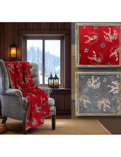 Plaid Sherpa Cervi Grigio – Coperta in Pile Morbido con Retro Agnellato – Stile Tirolese, Stampa Cervi e Stelle Alpine
